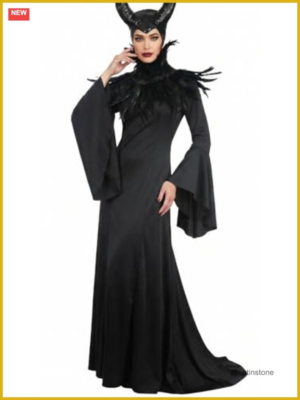 Gothic Witch Costume Set Dress Feather Shawl Horn Headpiece Halloween Cosplay